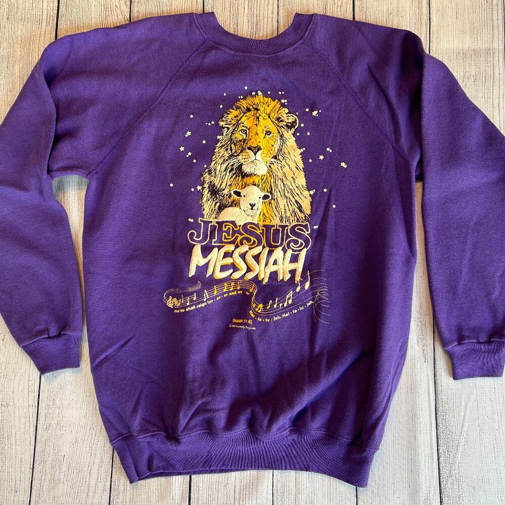 vtg 80s Jesus Messiah purple crewneck sweatshirt size L puff paint double sided